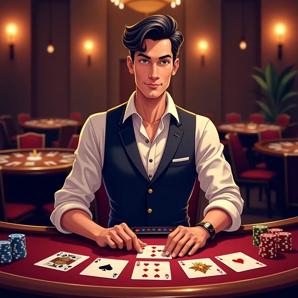 Cartoon live dealer studio with neon casino lighting