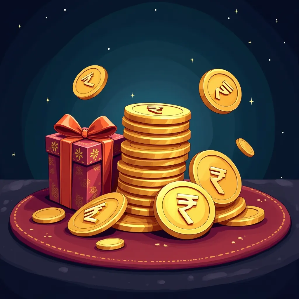 Cartoon casino promotions display with bonus coins and gift boxes